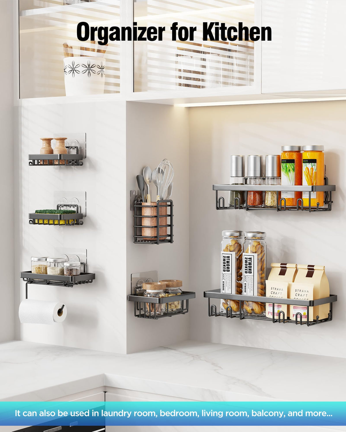 Yorshvil Shower Caddy 7 Pack, Adhesive Bathroom Shower Organizer for Bathroom Storage, No Drilling Large Capacity Rustproof Stainless Steel Shower Shelves Rack for Bath, Black