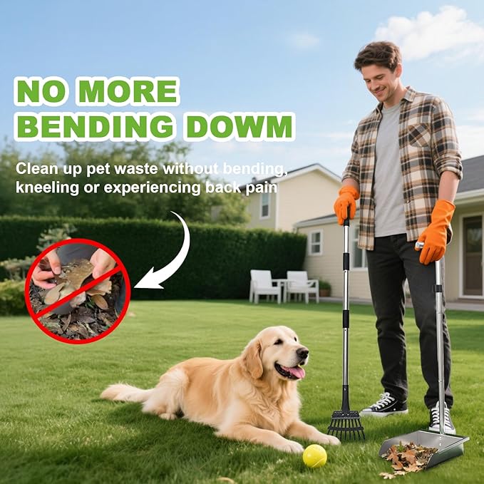Heavy Duty Metal Pooper Scooper, Dog Pooper Scooper for Large Medium Dogs Long Handle Stainless Tray and Rake Set,Extremely Durable Metal Stainless Steel Dustpan for Indoor Outdoor Cleaning 。