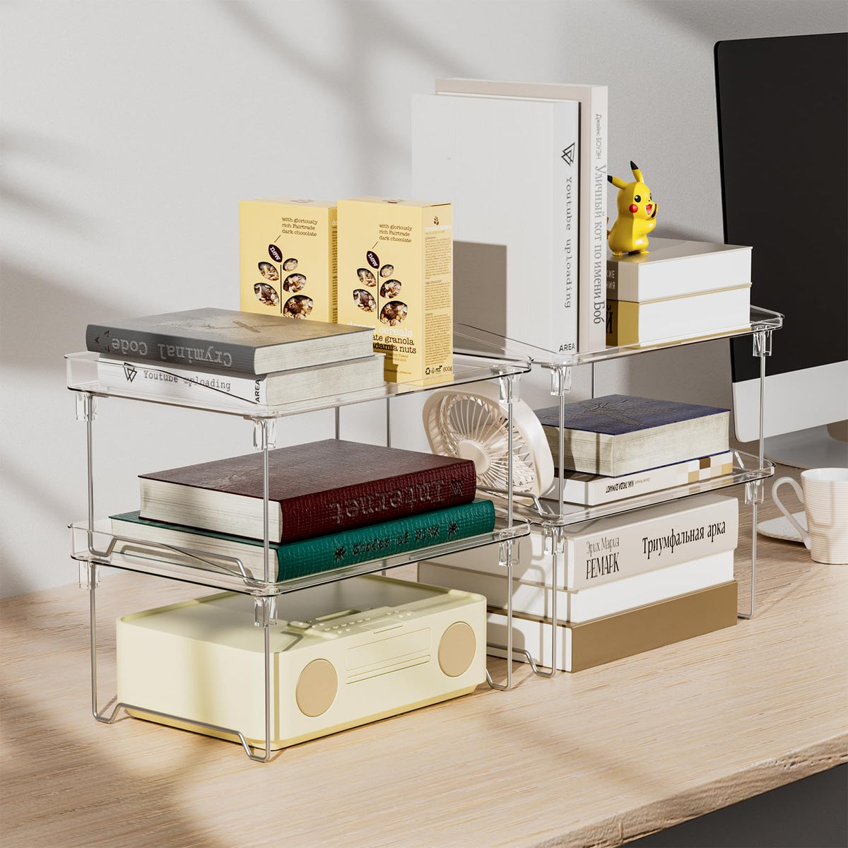 STARLATTA Acrylic Cabinet Organizer Shelf,4 Pcs Stackable Kitchen Counter Shelves,Spice Rack,Countertop Organizers,Clear Plastic Storage Organization for Makeup,Bathroom,Cupboard,Desk,Pantry