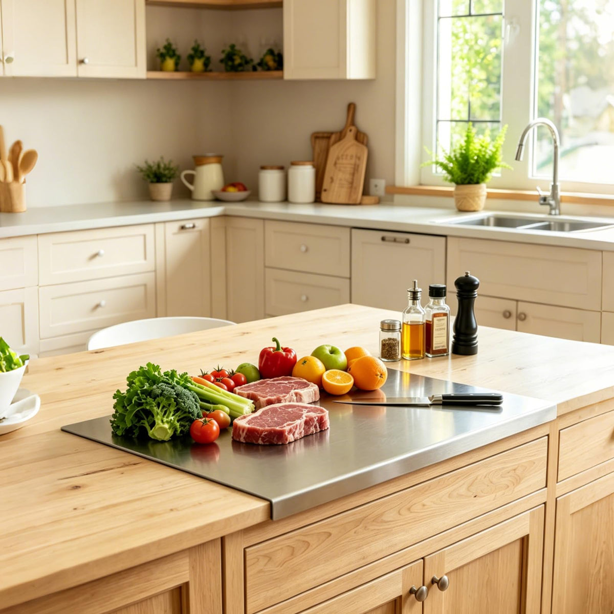 2Pcs L-Shaped Stainless Steel Cutting Board with Lip, 304 Metal Chopping Board Double-Sided Use, 15.7x11.8" & 11.8x11.8" Pastry Kneading Board for Meat Fruits Veggies Bread, Easy-Clean Dishwasher Safe
