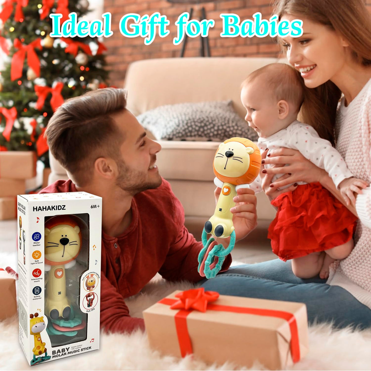 Cute Lion Baby Musical Rattle Toy 6-12-18 Months, Light-Up Teether & Sensory Chew Rubber 1st Birthday Gift for 1+ Year Old Boys Girls (Lion)