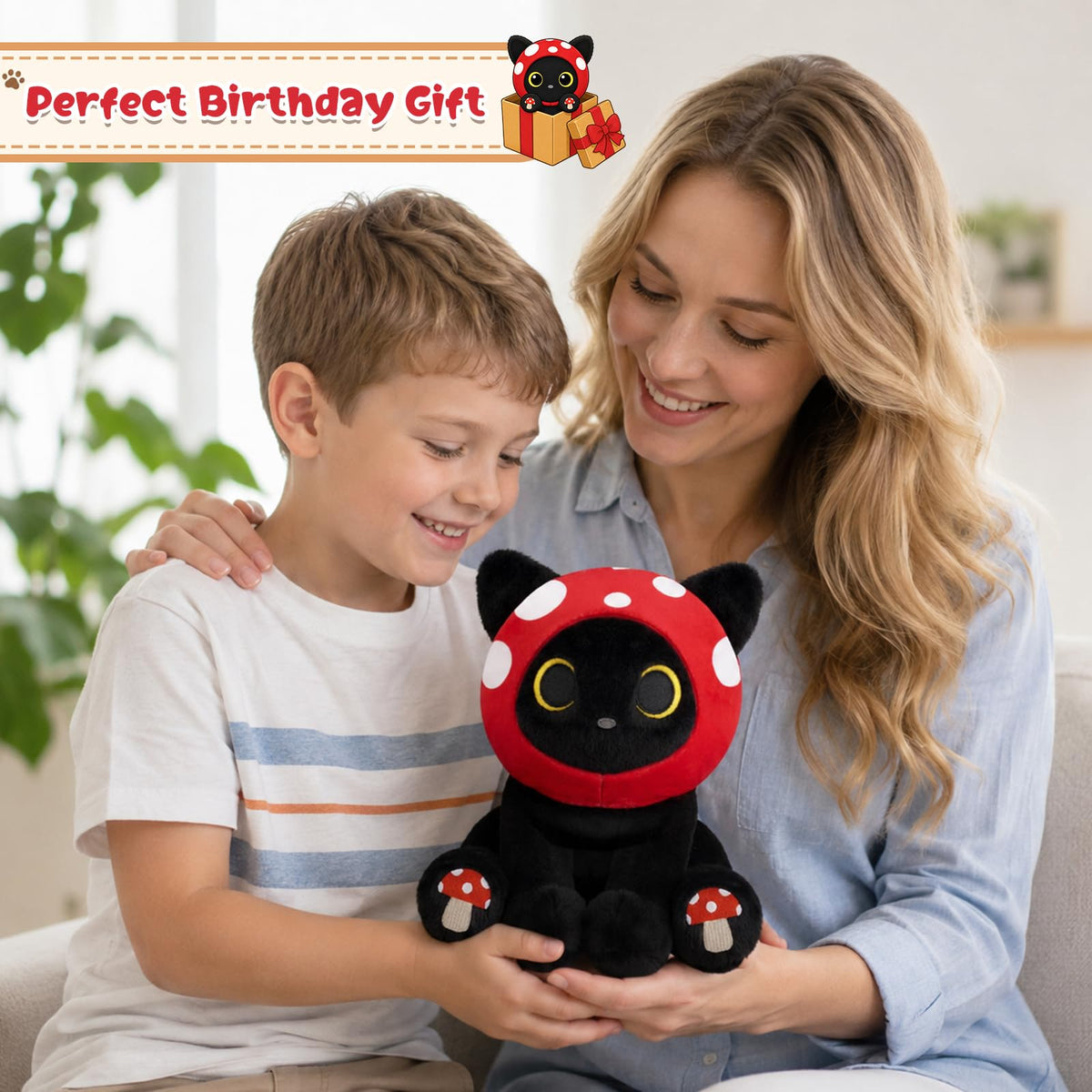 JEROKUMI Cat Mushroom Plush - 8" Black Cat Stuffed Animal