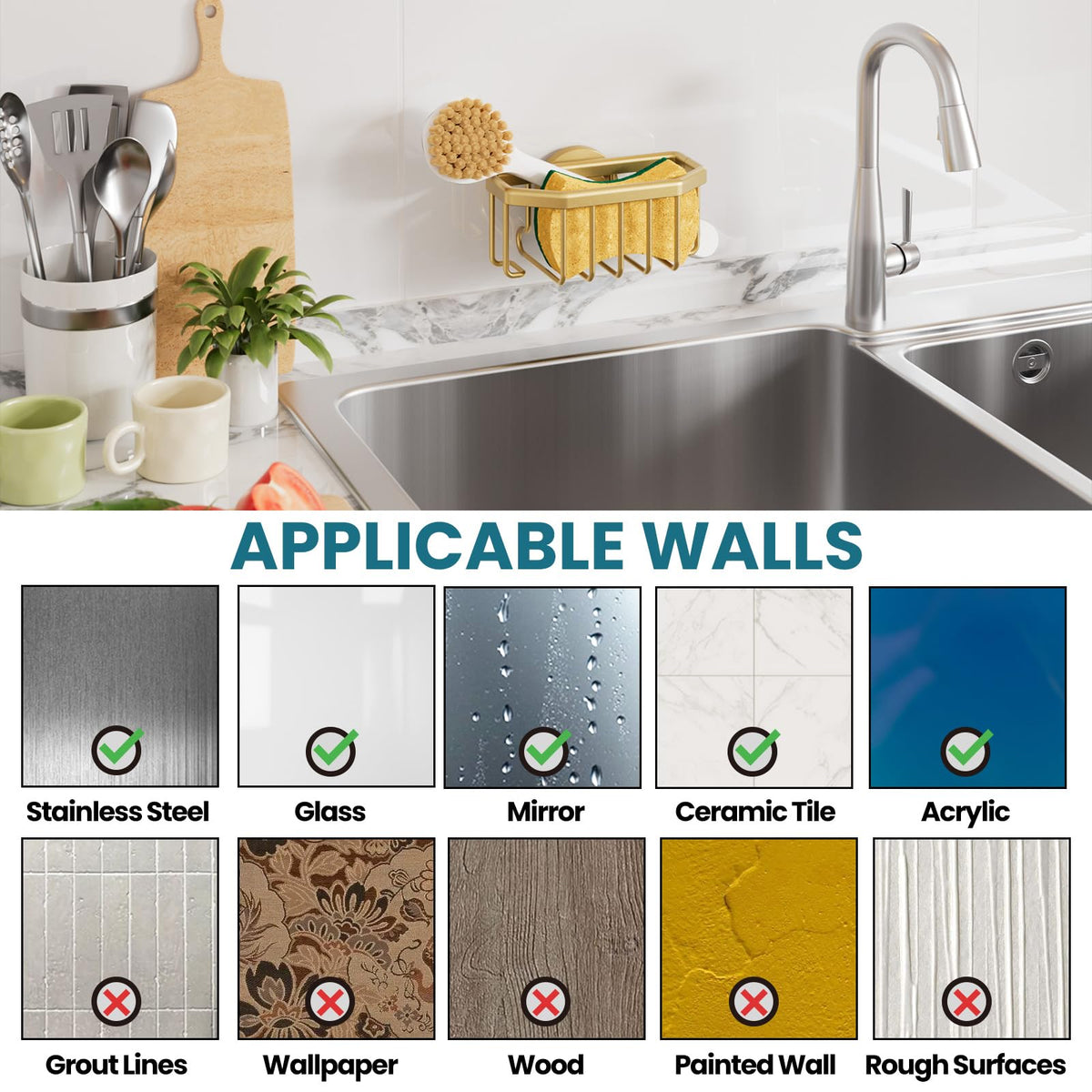 TAILI Sponge Holder for Kitchen Sink with Suction Cup-Gold, Aluminum