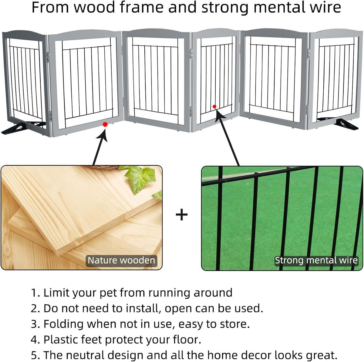ZJSF Freestanding Dog Fence Indoor, Foldable Dog Gate for Doorways, Stairs or Hallways, Sturdy Wood Extra Wide Pet Gate with Support Feet for The House, Grey, 32 "Height-6 Panels
