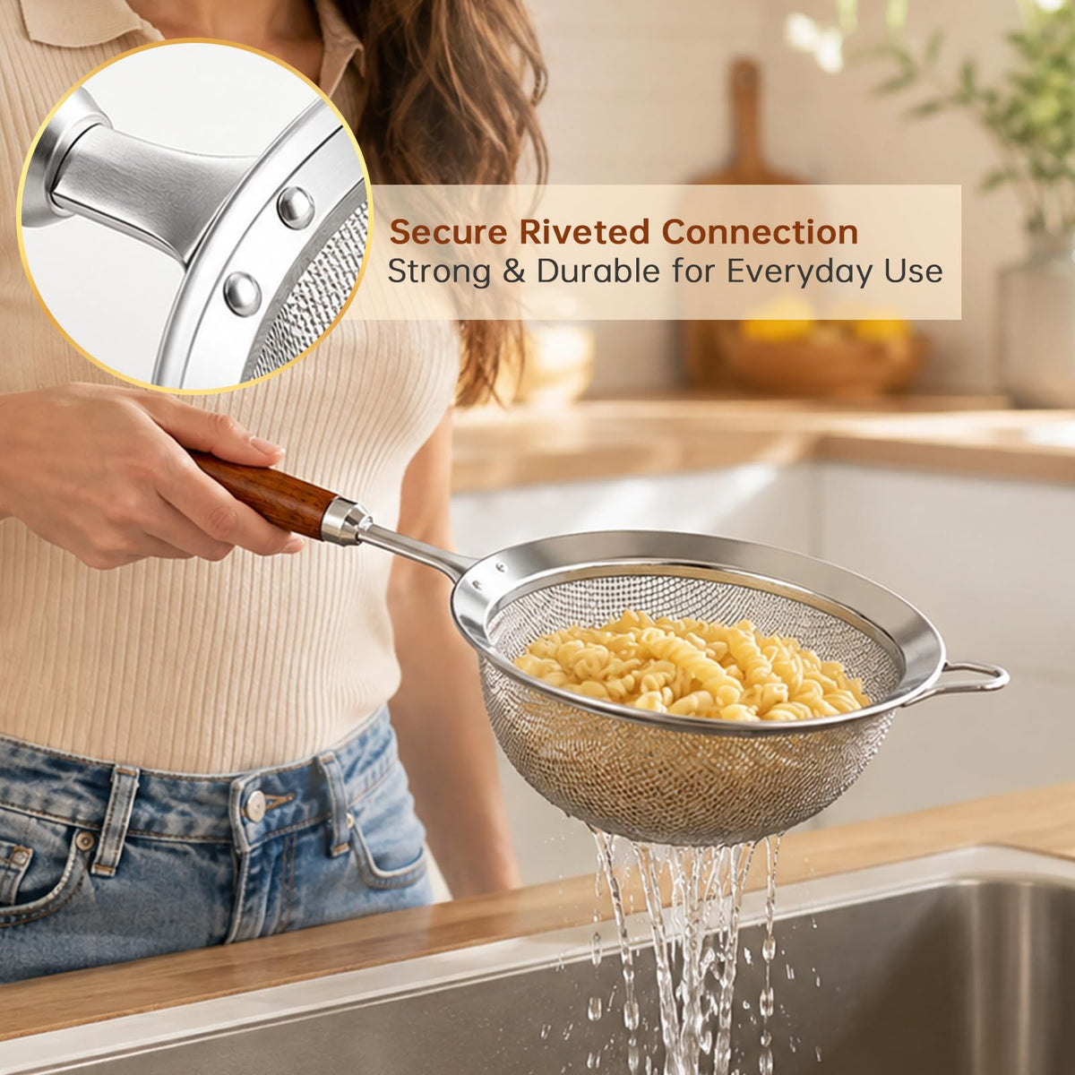 Fine Mesh Strainer Set, 30 Mesh 304 Stainless Steel Kitchen Sieve with Wooden Handle, 3 Sizes 12/14/18cm, for Sifting Flour, Tea, Rice, Pasta and Food Prep, 3 Piece Set