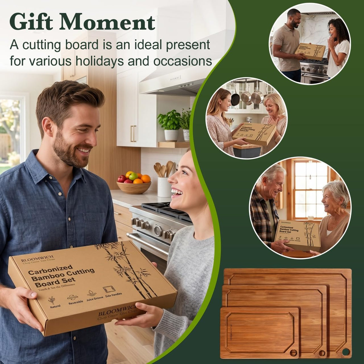 Carbonized Bamboo Cutting Boards for Kitchen Set of 3 Knife-Friendly