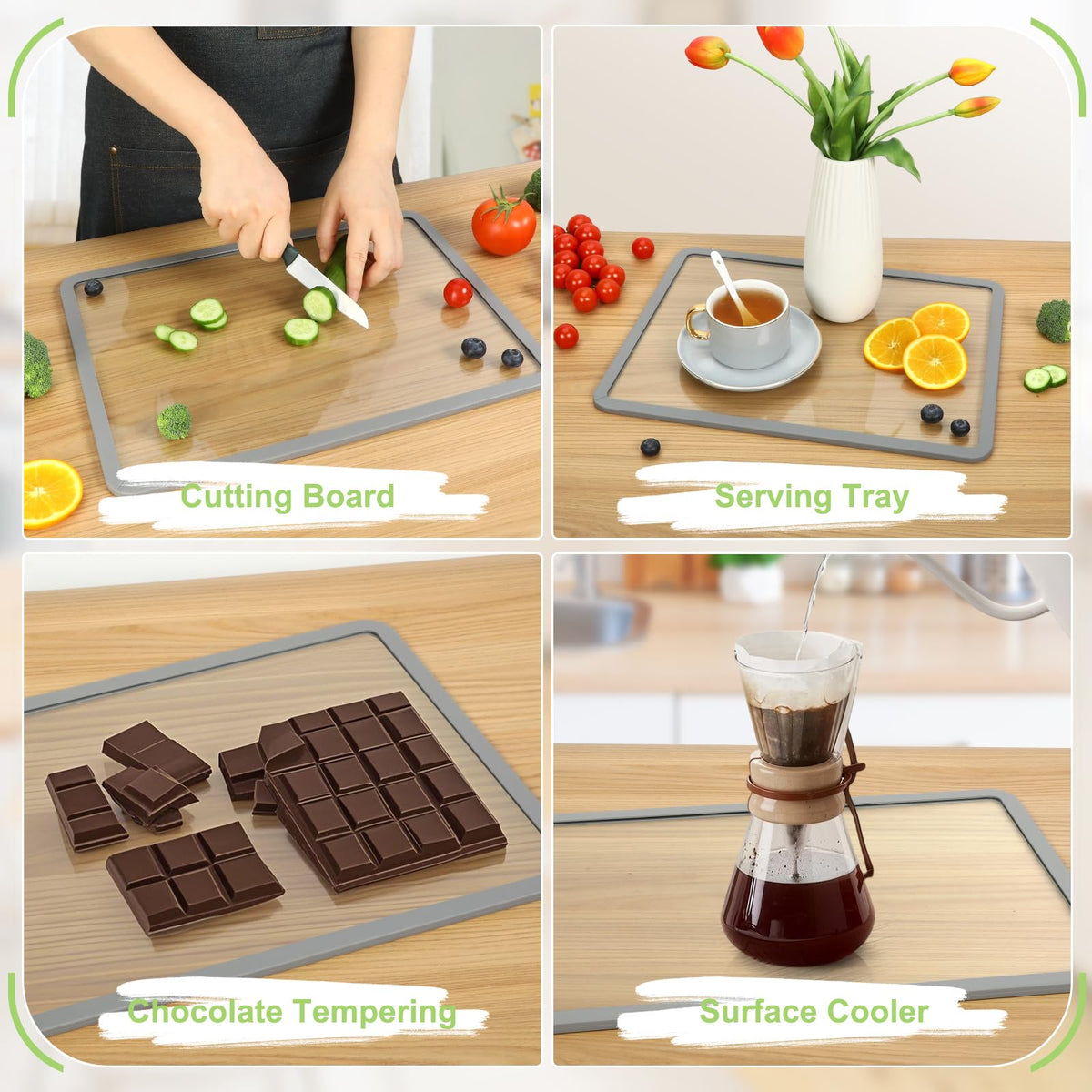 IDekooror Glass Cutting Board (8"x12" & 16"x12"), 2Pcs Tempered Glass Cutting Board for Kitchen Counter with Non-Slip Silicone Edges, Heat Resistant, Dishwasher Safe, Kitchen Decoration