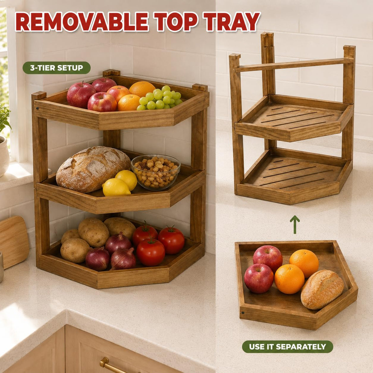 3-Tier Fruit Basket for Kitchen Counter, Corner Wood Stand, Removable Tray