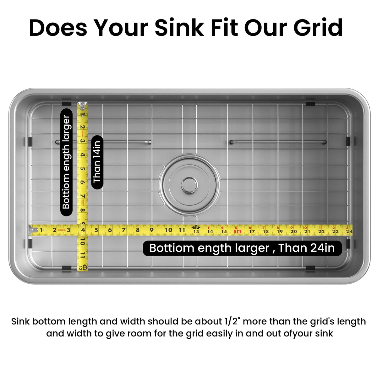 Sink Bottom Grid 24-1/8"x12-5/8", Centered Drain with Corner Radius 1-1/2"