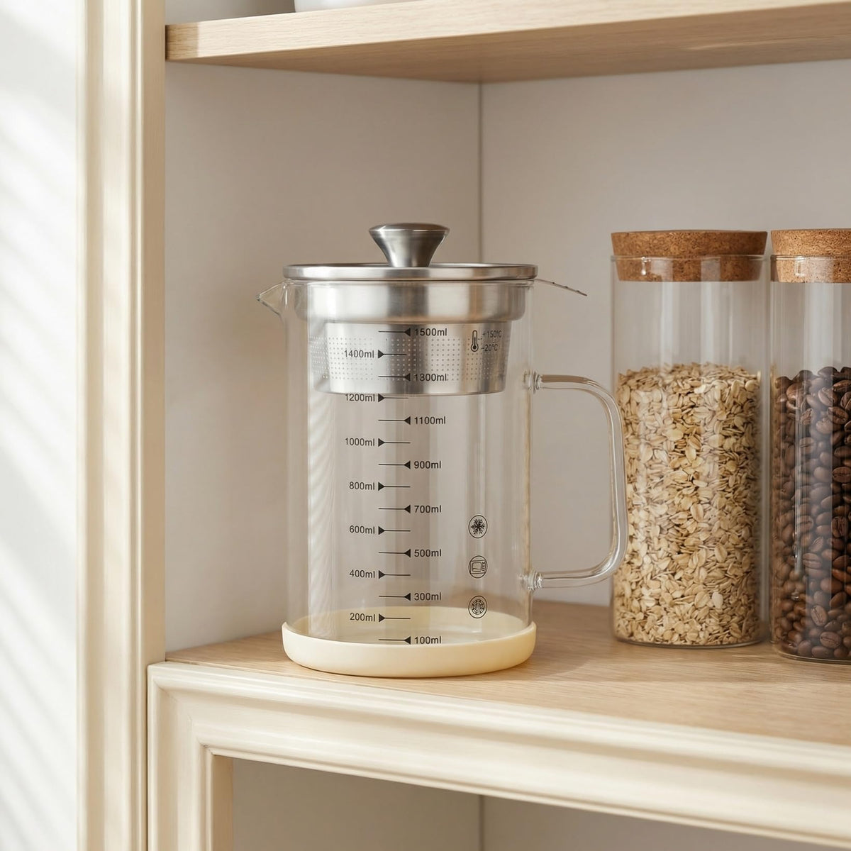 Kichvoe 1.5L Glass Pitcher with Fine Mesh Strainer & Scale: Bacon Grease Container Food Strainer Soy Milk Filter Teapot with Lid For Oil Milk Juice Water Tea Beverages