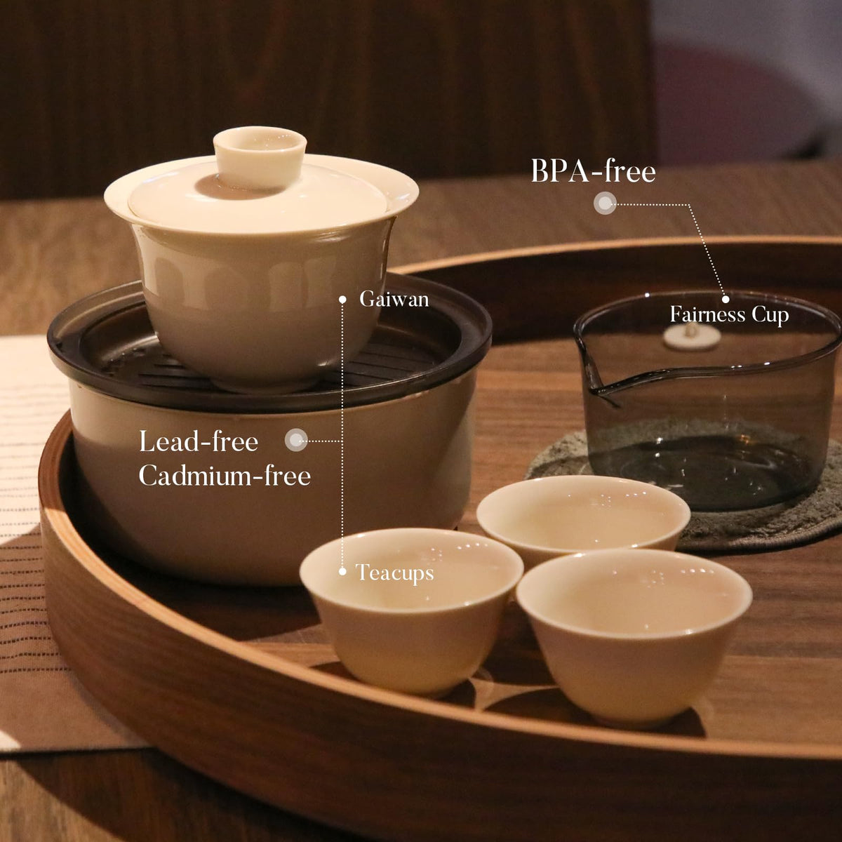 Portable Gaiwan Gongfu Tea Set with Tray, Chinese Tea Set for 1-3, Travel Tea Set with Cups & Fairness Pitcher, Ceramic Kung Fu Tea Set for Loose Leaf & Tea Bag (Wood Ash Glaze)