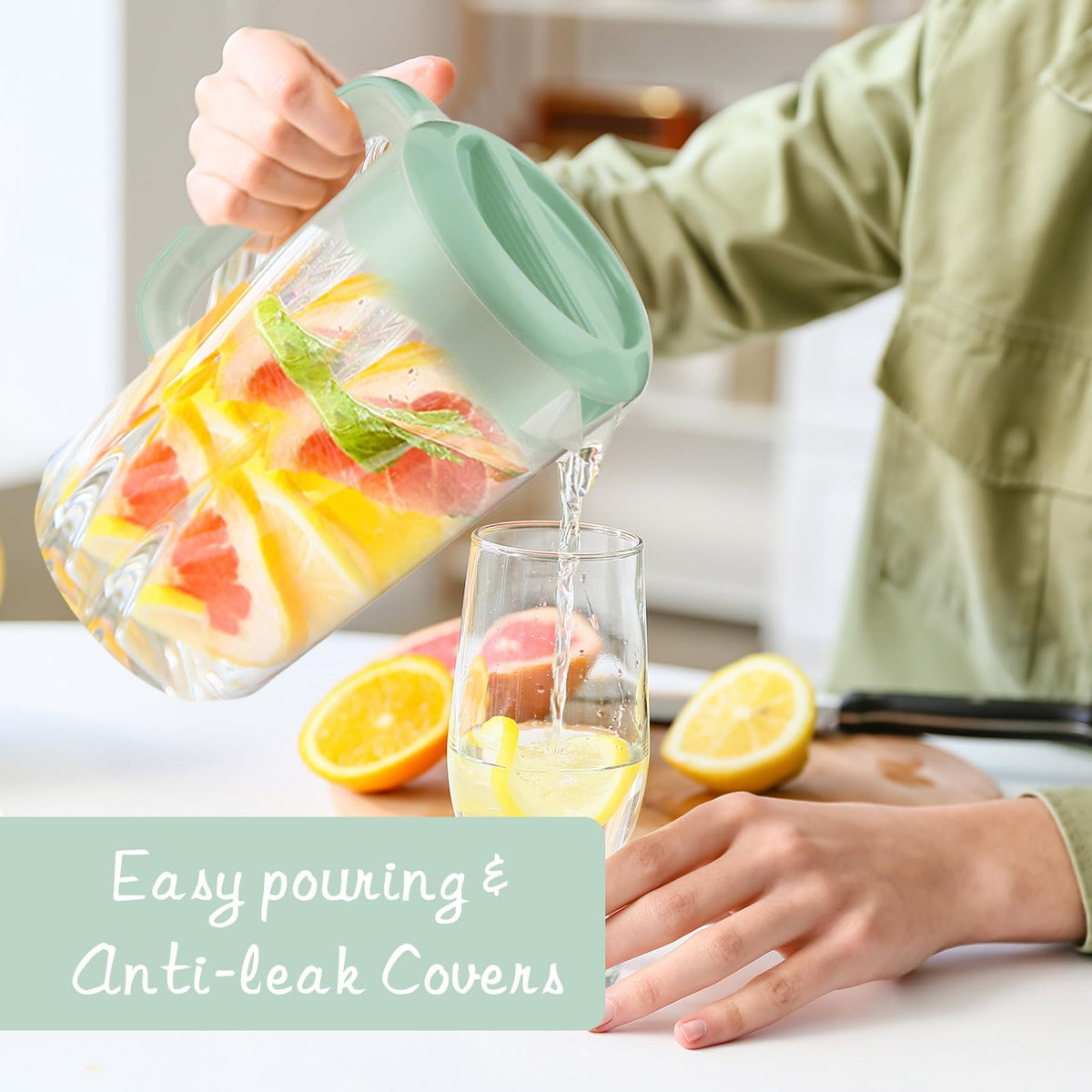 2Pcs Plastic Pitcher with Lid Large Clear Water Carafe Jug Ice Tea Pitcher Lemonade Juice Beverage Jar with Strainer Cover Handle Measurements for Hot Cold Coffee Drink (Pink, Green,1 Gallon/4L)