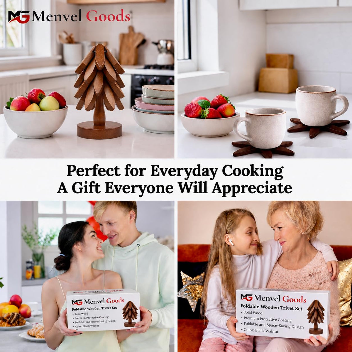 Menvel Goods Foldable Black Walnut Wooden Trivet Set for Hot Dishes - 4 Trivets + 1 Stand for Hot Dishes, Tree Coasters, Pot, Bowl, Teapot - Hot Pot Holders(Black Walnut) - Kitchen Gifts in The Box
