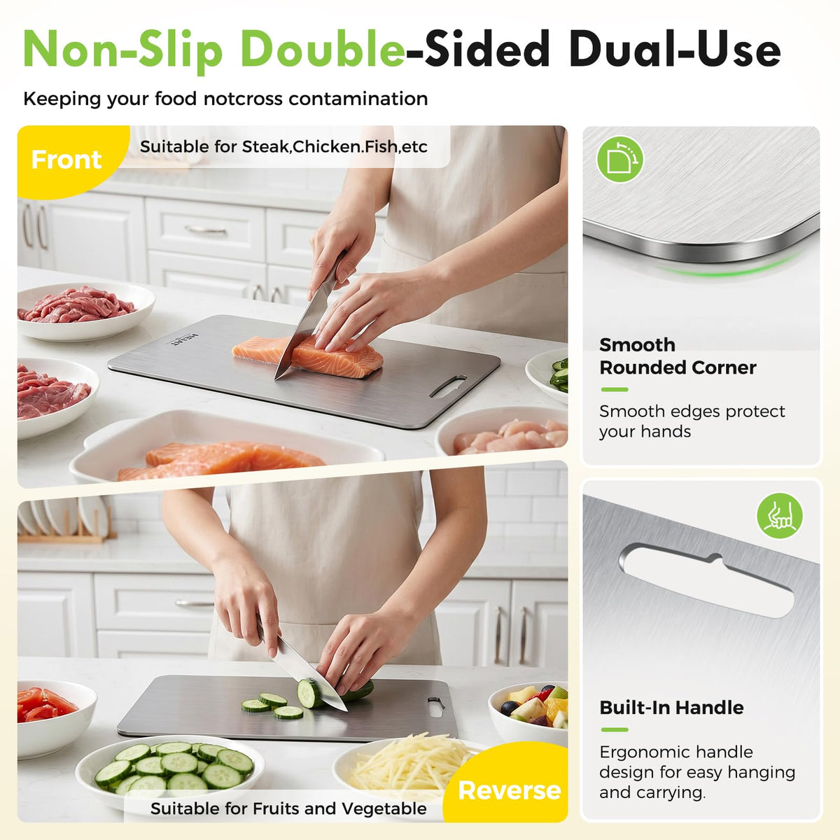 Non-Toxic Titanium Cutting Board 10” x 6”, 100% Pure Titanium Cutting Boards for Kitchen, Double-Sided Chopping Boards for Meat, Vegetables, Fruits, Handles Included, Dishwasher Safe