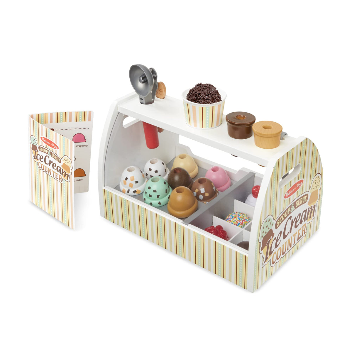 Melissa & Doug Wooden Scoop & Serve Ice Cream Counter, Pretend Play Store, 28 Toy Food & Play Kitchen Accessories, Preschool Toys for Girls & Boys 3+