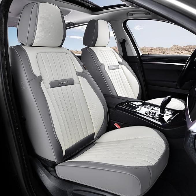 Coverado Car Seat Covers Full Set, Seat Covers for Cars, Car Seat Cover, Car Seat Protector, Leather Car Seat Cushion, Waterproof Car Seat Covers Front Seats and Back Fit for Most Cars(Gray&White)