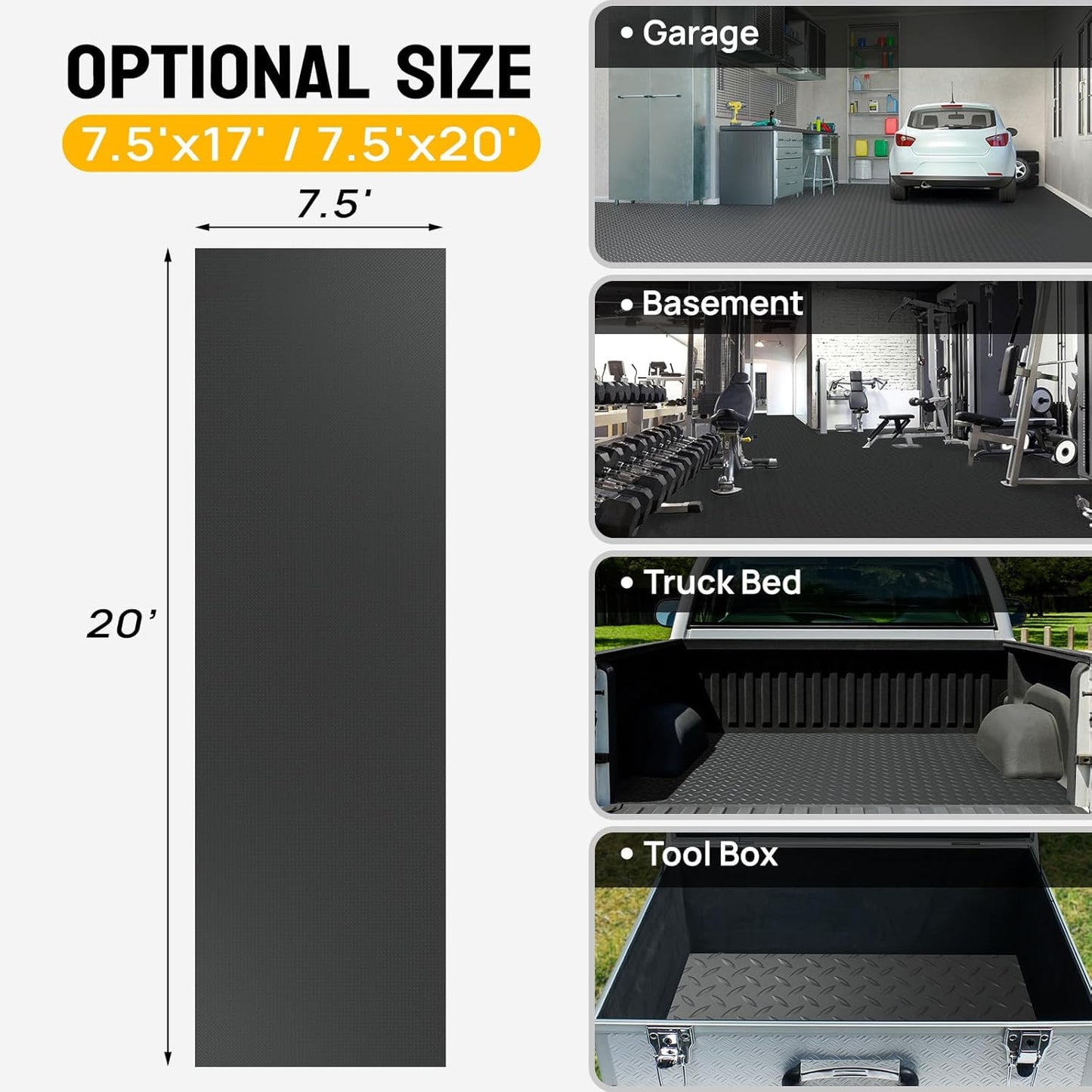 TUFFIOM 7.5 x 20 FT Garage Floor Mat, Thickened Diamond Plate PVC Garage Mats Flooring Roll for Under Car, Garage Parking Mats for Floor Large SUVs, MPV, Pickup Truck