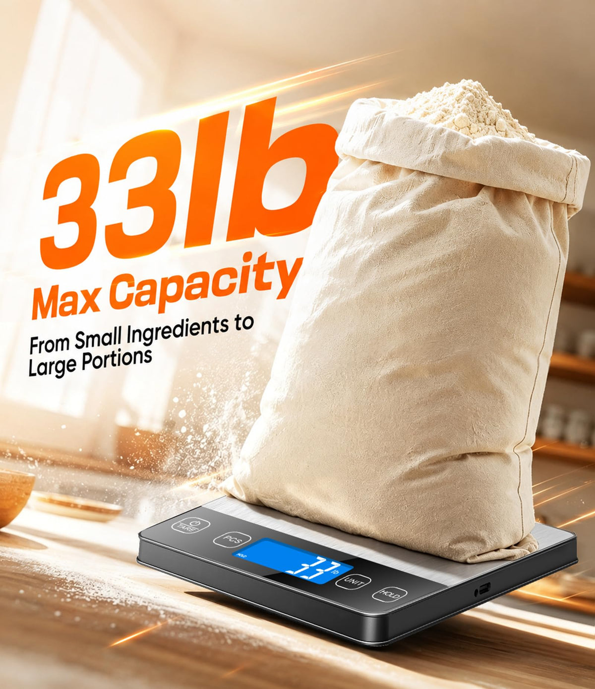 Food Scale 33 lb Capacity, Rechargeable Kitchen Scale with 7 Units