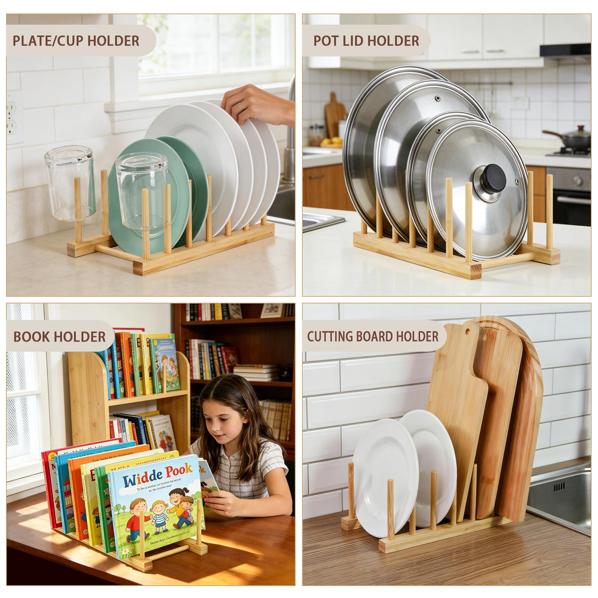 Bamboo Plate Organizer for Cabinet Set,3 Tier Corner Shelf & Plate Holder