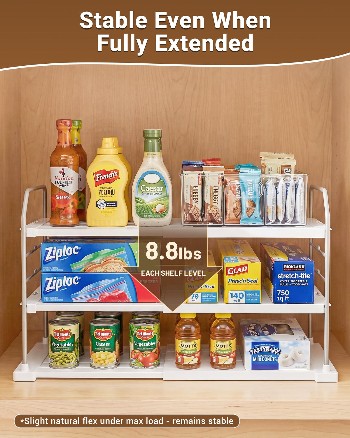 EVERIE Extendable 3-Tier Kitchen Cabinet & Pantry Organizer for Plastic Wrap, Foil & Storage Bags, Adjustable Heavy Duty Shelf Rack for Wrap Boxes, Jars & Snack Boxes (11–16.7 in Wide), Pack of 1
