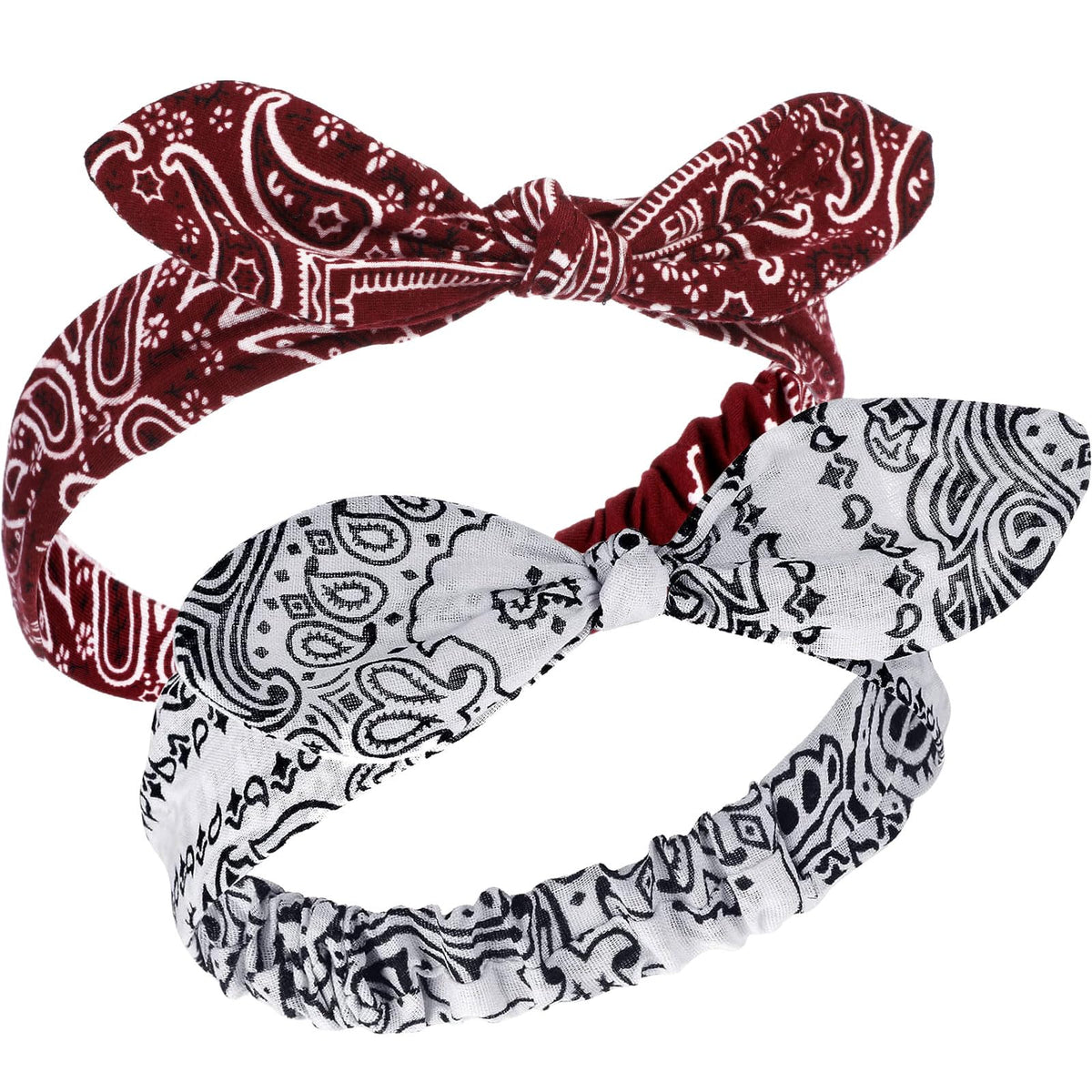 2 Pieces Bandana Headband For Women, Knot Retro Print Headbands Paisley Print Headband Headwrap Adjustable Headwrap(Deep Red, Wh