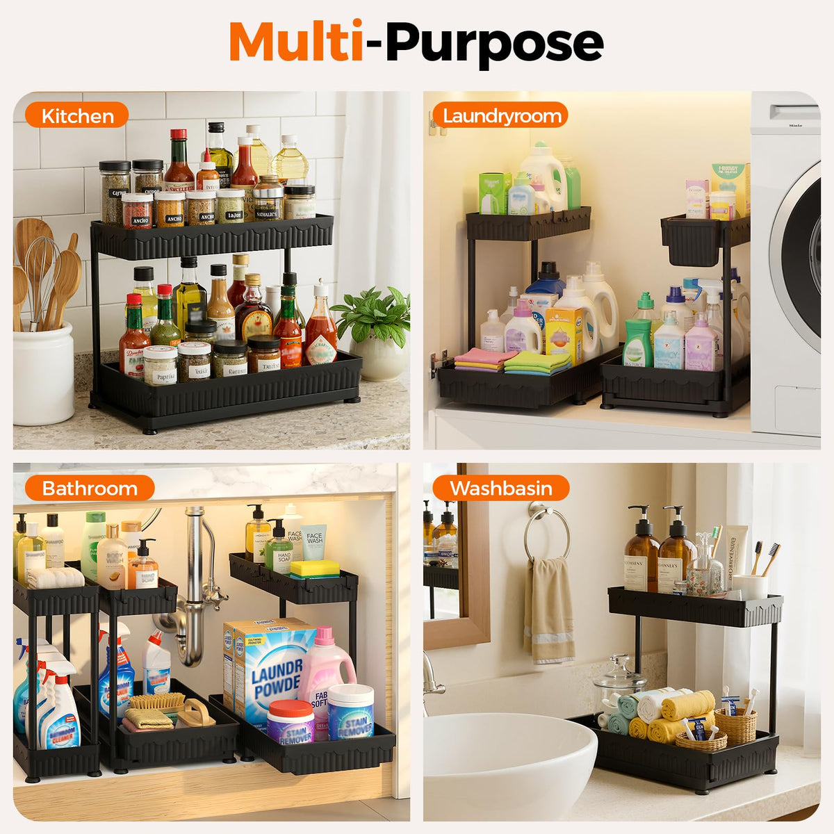 Sevenblue 3-Pack 2-Tier L-Shaped Under Sink Organizers with Sliding Drawers