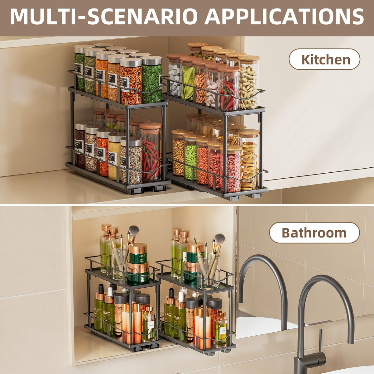 Bunoxea Pull Out Spice Rack 2 Pack,Slide Out Cabinet Spice Rack,Black