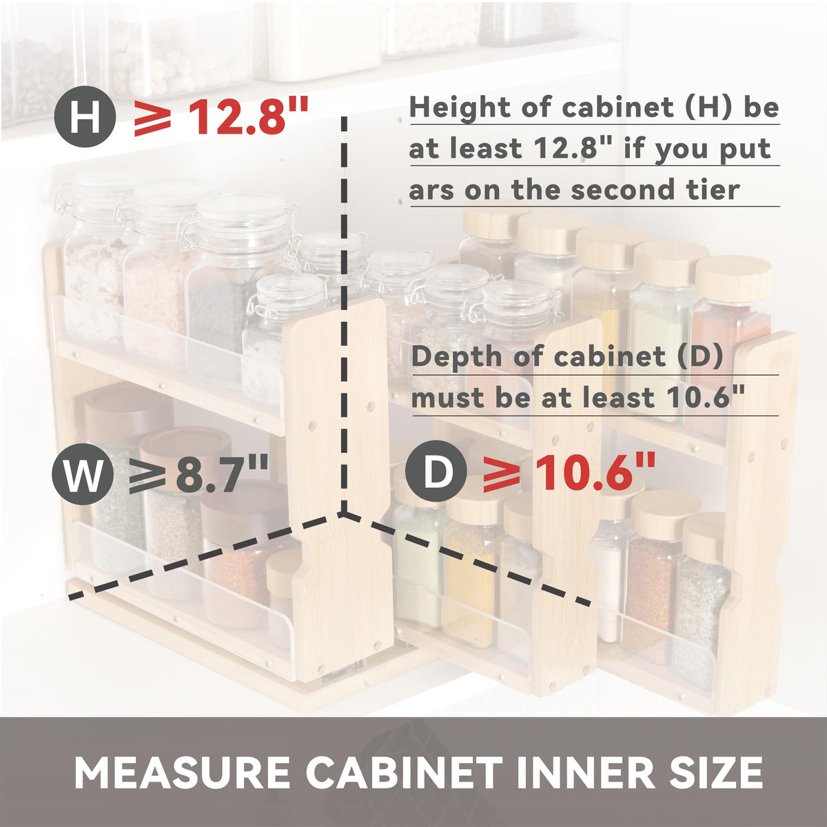 Barlorie Bamboo Pull Out Spice Rack Organizer for Cabinet, 3 Slide-Out Drawers(2"&3") with Wide Drawer for Large Bottles, Kitchen Pantry Heavy-Duty Sliding Vertical Organization, 8.6"W,2-Tier,Natural