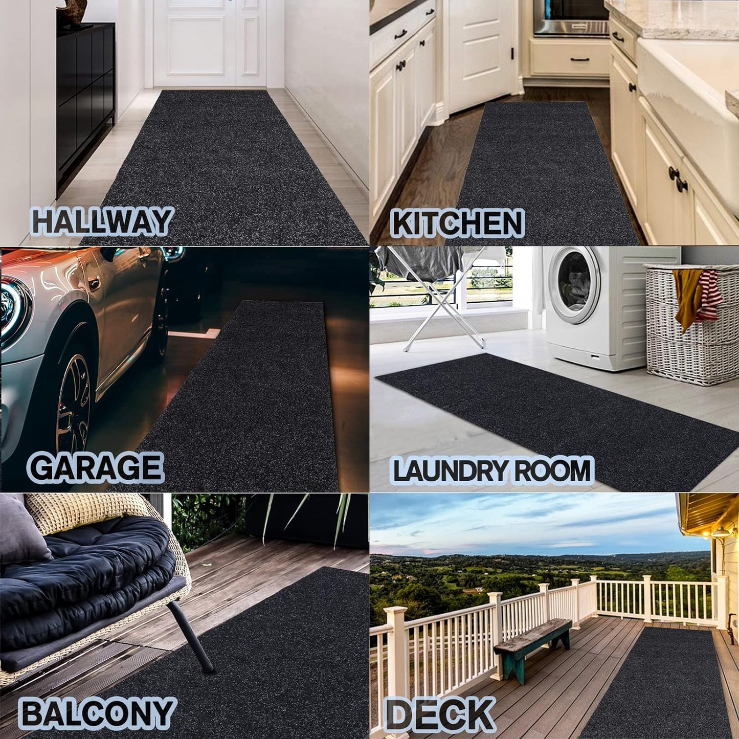 Custom Size Backed Non-Slip Area Rugs Runner, Easy Clean, Waterproof Runner Rugs for Hallway Entryway, Kitchen, Laundry, 2FT x 23FT, Black