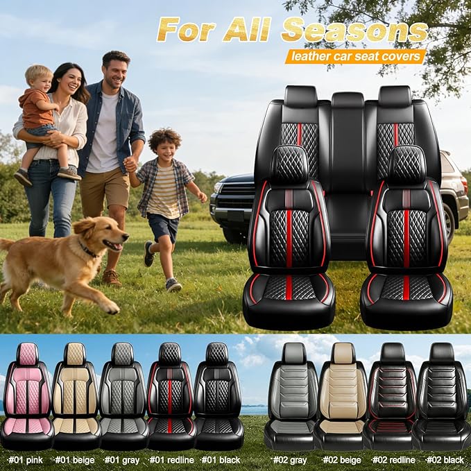 Fit Civic Car Seat Covers (Front Pair) for Select Honda Civic 2020-2026 Sedan (Not for Coupe), Full Coverage Leather, Waterproof All-Weather Breathable Seat Cushion Protector, Black & Red Trim