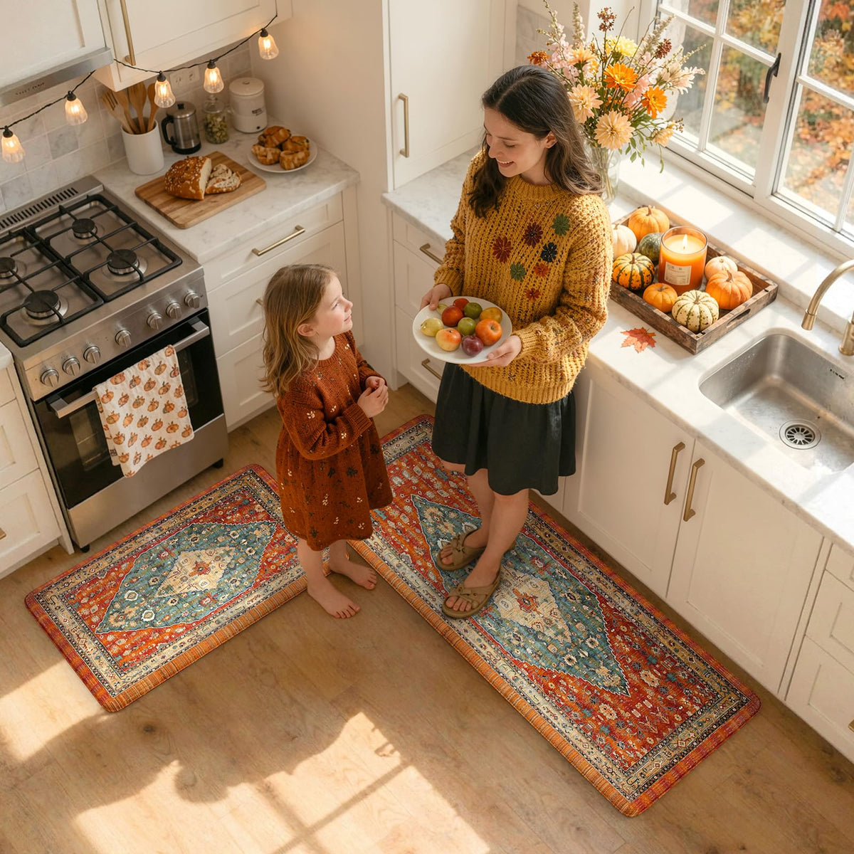 Collive Boho Kitchen Rugs Sets of 2 Fall Kitchen Mats for Floor Waterproof