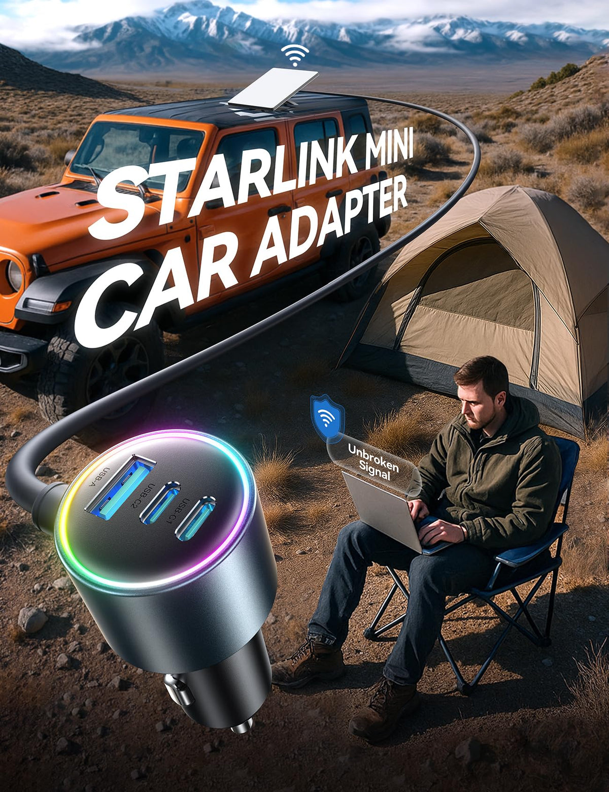 Starlink Mini Car Adapter with 10FT Cable, Dual PD 45W+USB 30W, 12V-24V
