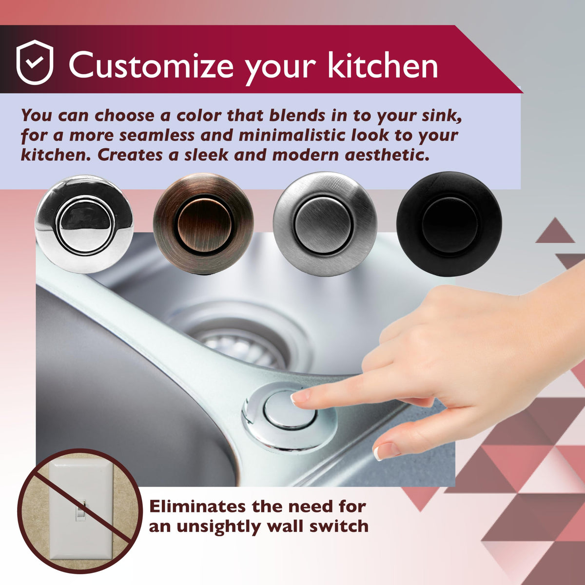 JB Products Disposal Air Switch Kit for Garbage Disposal Hands-Free On/Off Control UL Approved Includes 6' Air Tube 1-3/8" Air Button Safe & Convenient for Kitchen No Wiring Needed (Bronze)