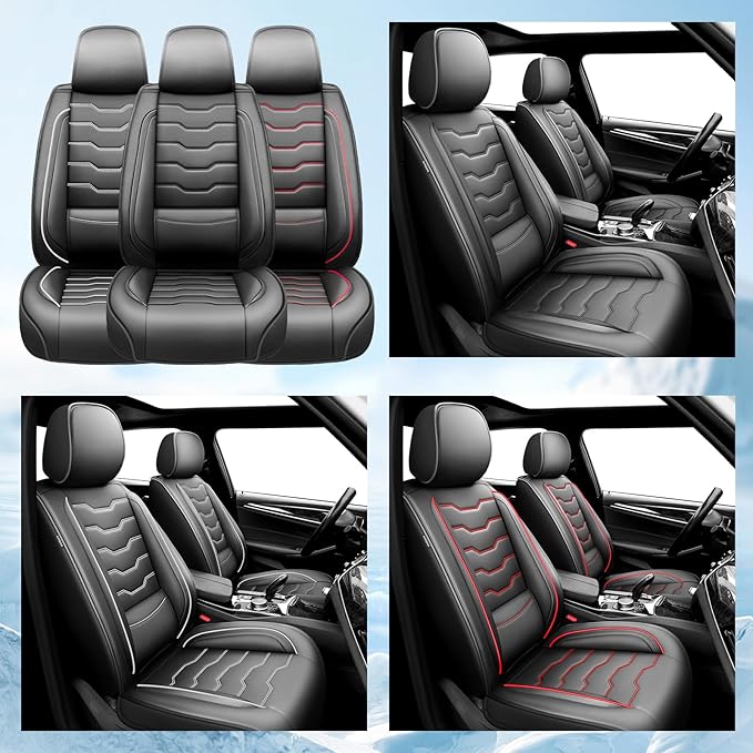 Fit Frontier Car Seat Covers Premium Leather for Nissan Frontier 2009-2025 2026. Waterproof, Breathable, Scratch-Resistant & All-Weather Seat Cushion Protector(Full Set,Red Line Black
