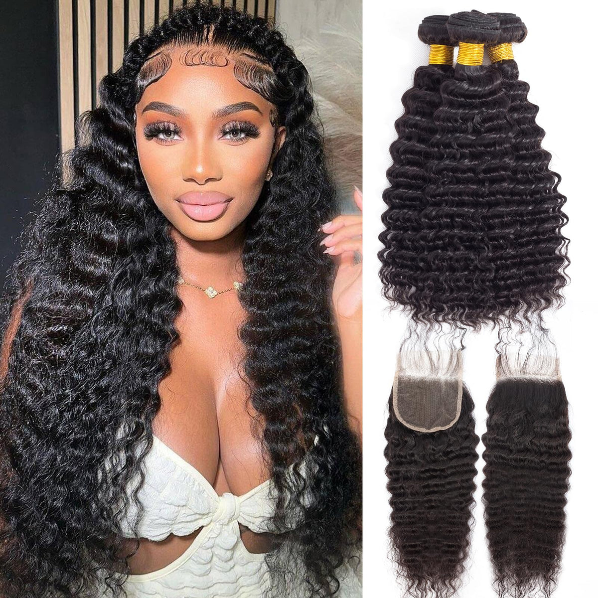 Brazilian Deep Wave 3 Bundles With Closure 12A Pineapple Deep Wave Human Hair Bundles With Closure 100% Unprocessed Virgin Remy