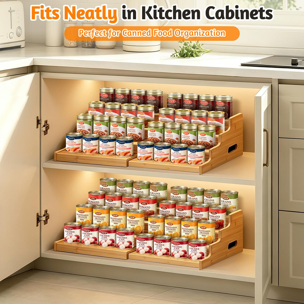 Aclema 4-Tier Bamboo Expandable Can Rack Organizer for Pantry 32 Cans