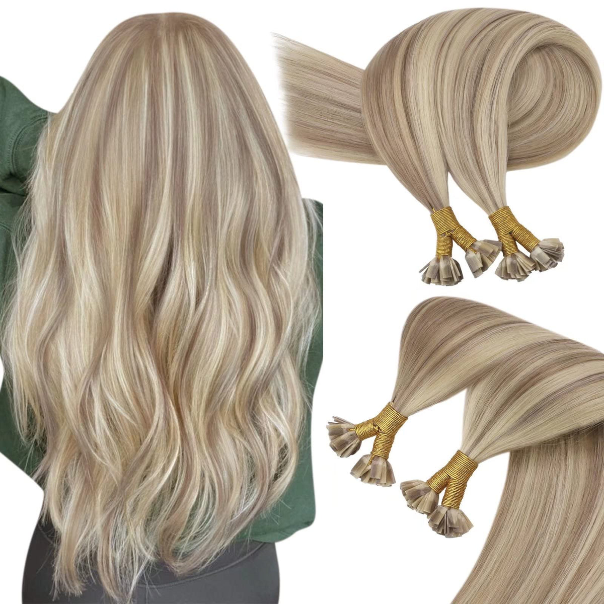 Sunny Hair Flat Tip Hair Extensions Golden Blonde Keratin Tip Hair Extensions Human Hair Ash Blonde Highlight Golden Blonde Flat