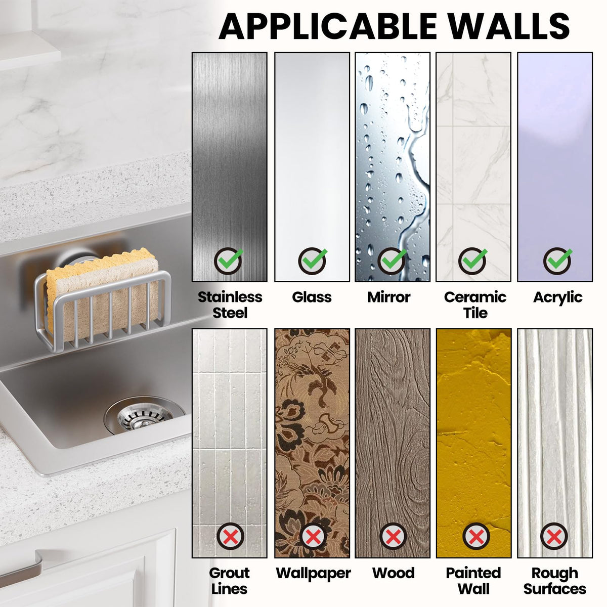 TAILI Rustproof Sponge Holder for Kitchen Sink with Suction Cup-Silver