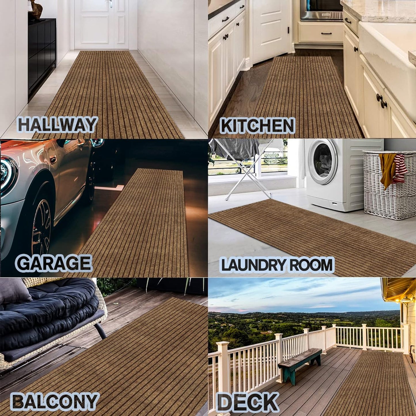 Custom Size Backed Non-Slip Area Rugs Runner, Easy Clean, Waterproof Runner Rugs for Hallway Entryway, Kitchen, Laundry, 3FT x 33FT, Brown Stripe