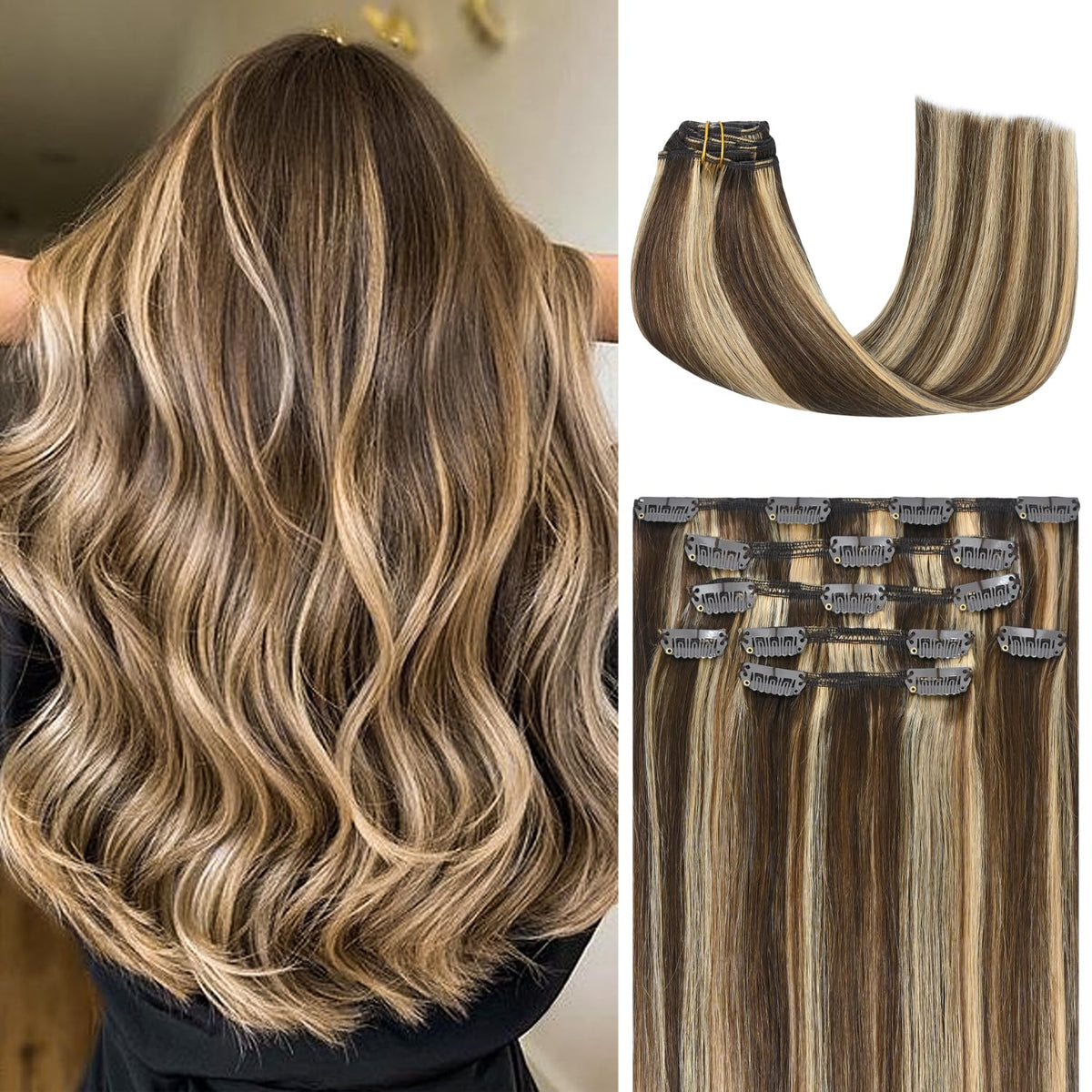 Honsoo Hair Extensions Real Human Hair Clip Ins 70G 15In 7Pcs Chocolate Brown To Caramel Blonde For Thin Hair