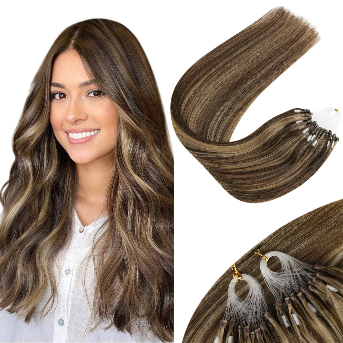 Sunny Hair Highlight Micro Beads Hair Extensions 24In Long Micro Link Hair Extensions Human Hair Dark Brown Highlight Caramel Bl