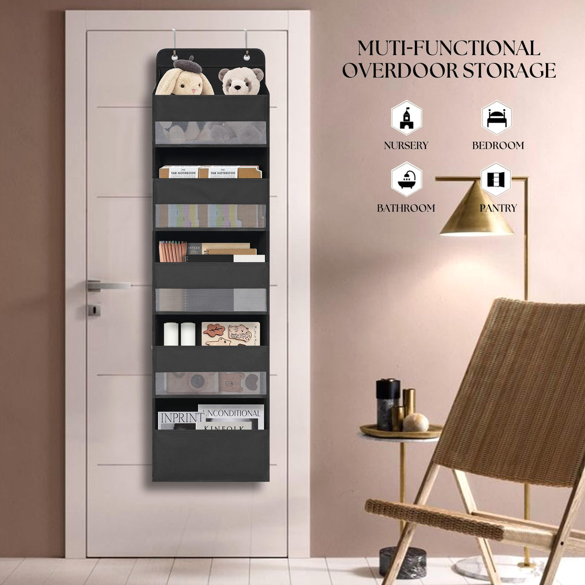 TYMENSH Black Over Door Organizer with 5 Large Pockets and 6 Side Mesh Pockets, Anti-Tilt Hanging Door Storage for Closet, Bathroom, Nursery, Bedroom, Dorm