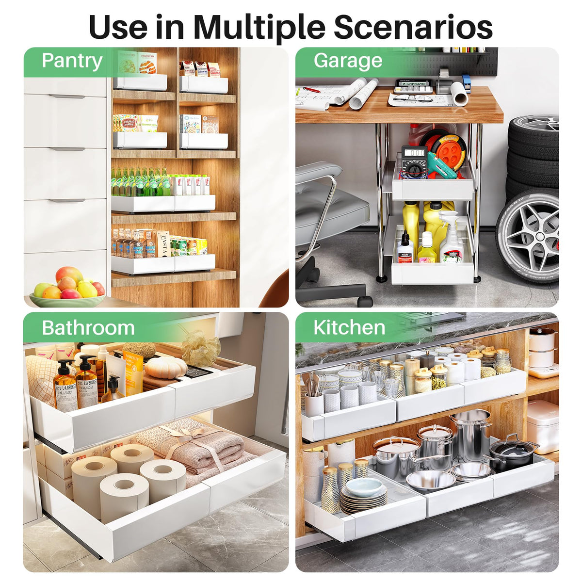 Kitstorack Pull out Cabinet Organizer, Expandable(12"-20") Heavy Duty Slide out Drawers Fixed with Adhesive Nano Film for Pots, Roll out Shelf Storage for Kitchen Base Cabinet Organization(White)