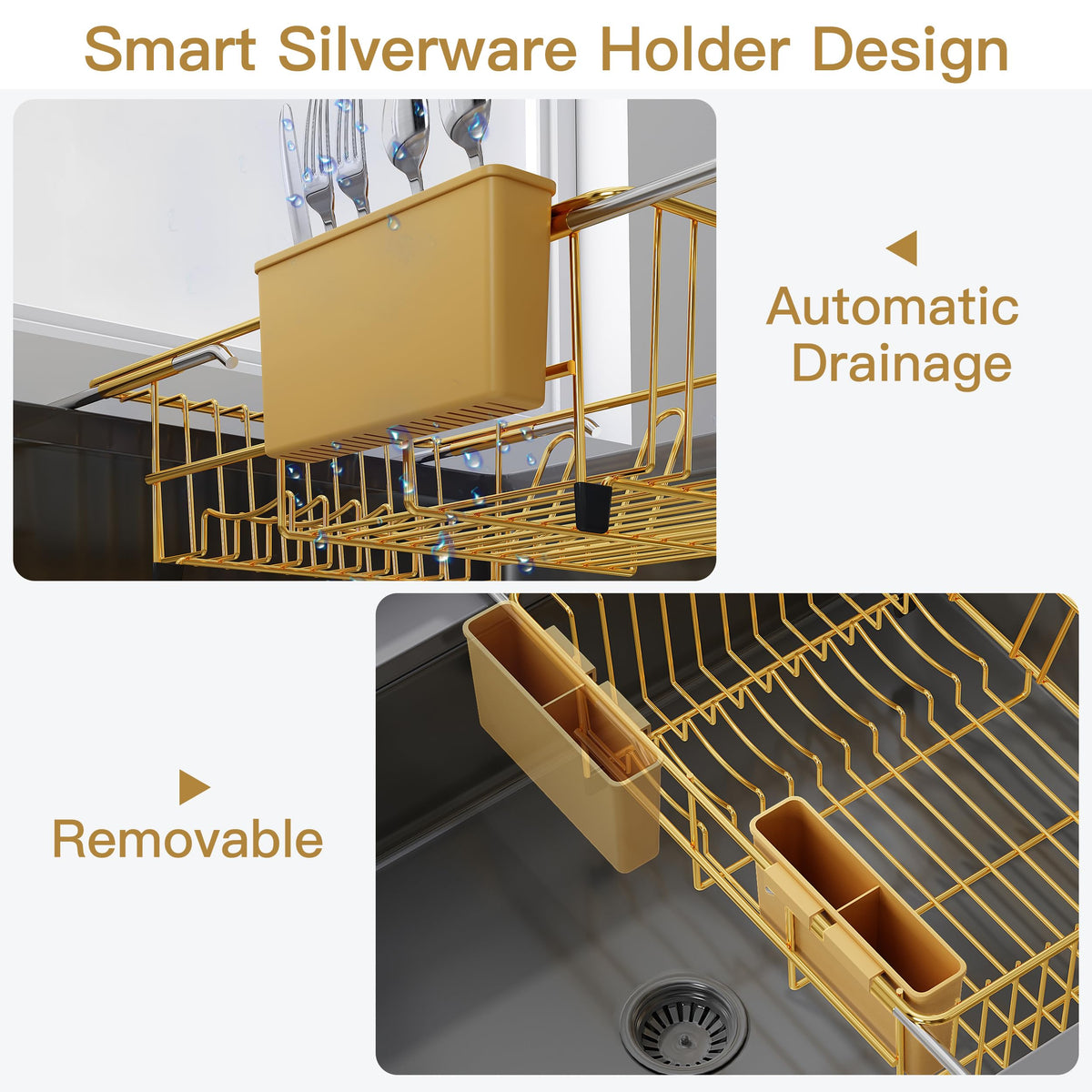 JASIWAY Gold Dish Drying Rack in Sink, Dish Drainer with Utensil Holder