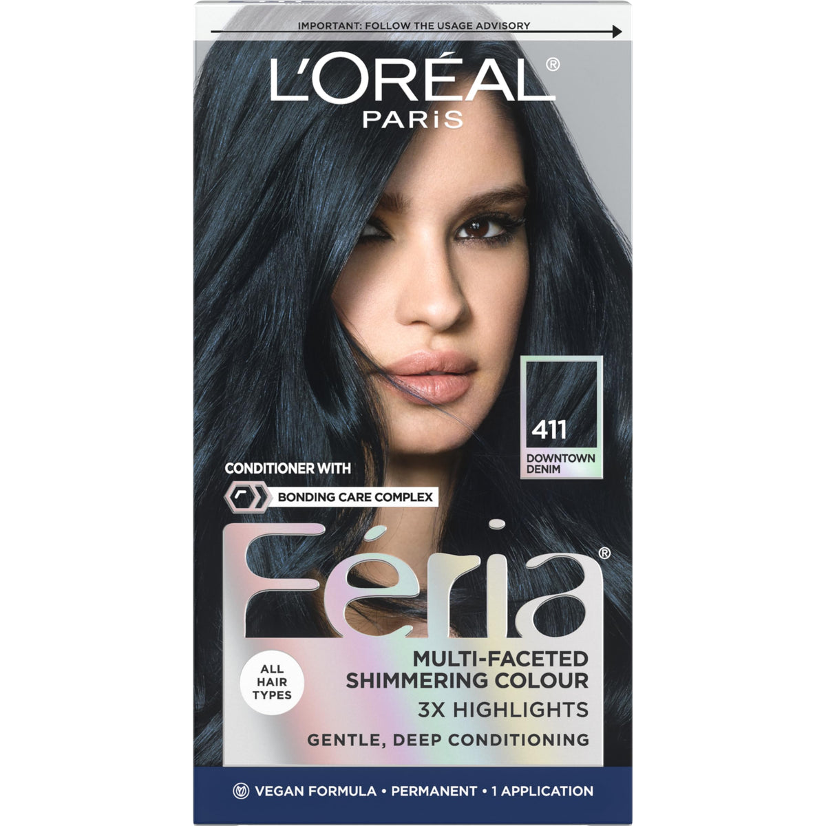 L'Oreal Paris Feria Multi-Faceted Shimmering Permanent Hair Color, 411 Downtown Denim, Pack Of 1 Hair Dye Kit