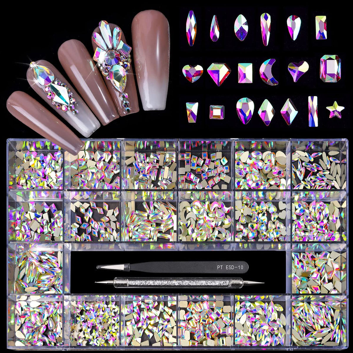Yzzseven 2000 Pcs Mix 20 Styles Flatback Rhinestone Crystals 3D Decorations Flat Back Stones Gems Set +Tweezers + Drill Pen