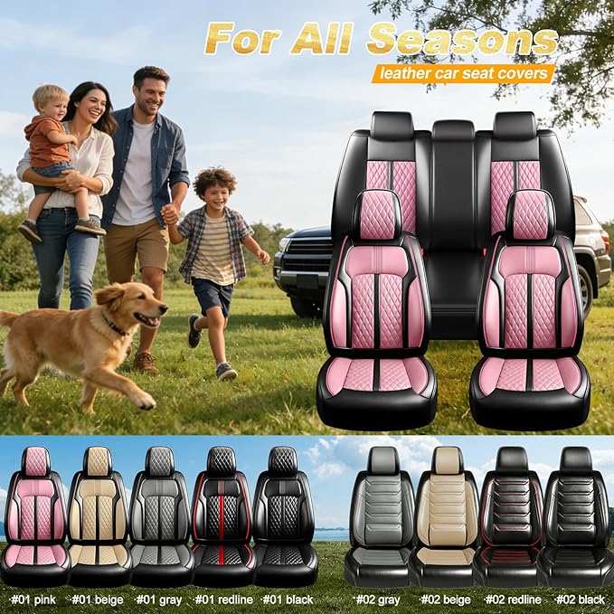 Fit Civic Car Seat Covers for Honda Civic 2020-2026 Sedan(Not for Coupe) - Premium Full Coverage Leather, Waterproof All Weather Breathable Seat Cushion Protector, Front Pair Black+Pink