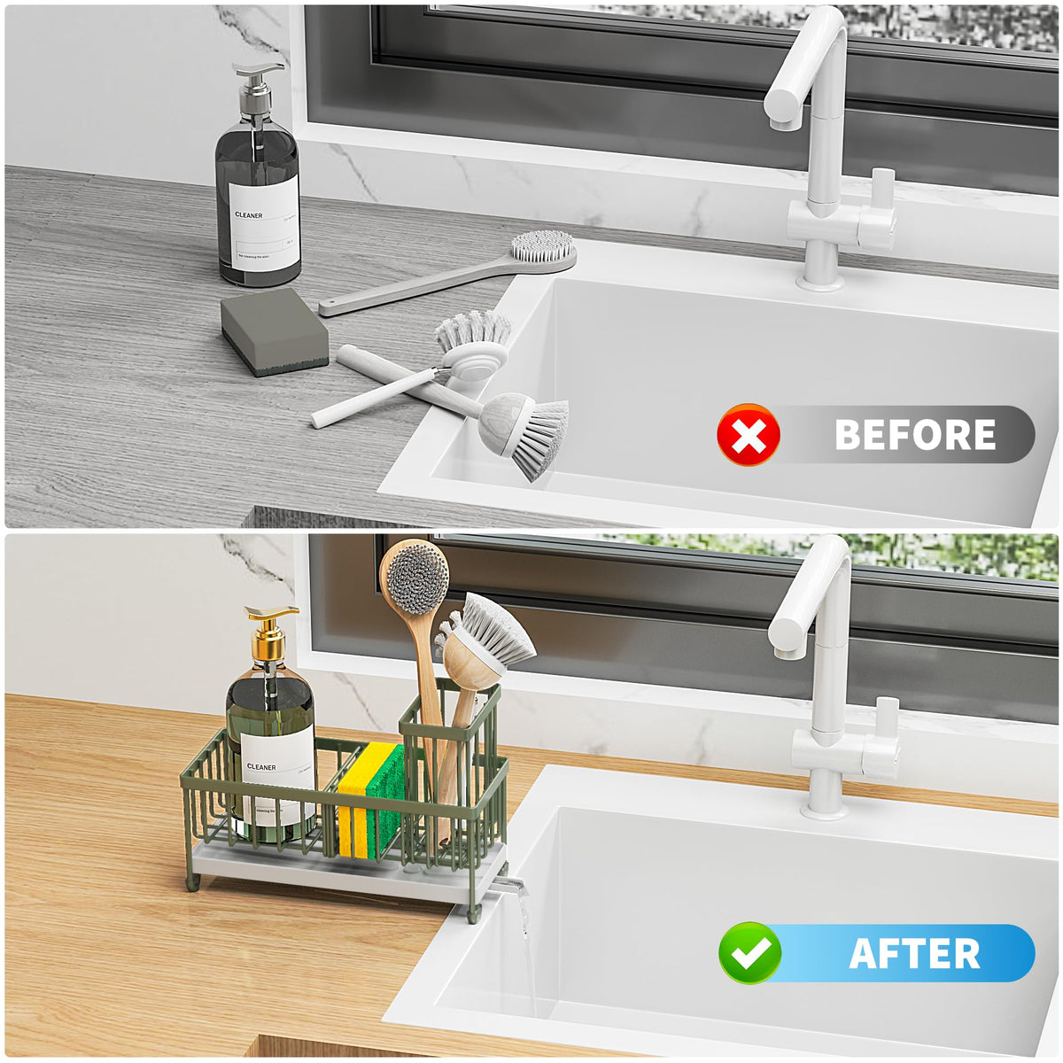 Cisily Sponge Holder for Kitchen Sink, Sink Caddy Organizer with High Brush Holder, Kitchen Countertop Organizers and Storage Essentials, Rustproof 304 Stainless Steel (Sage Green, 9.25″)