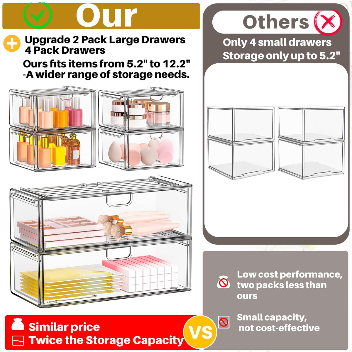 caktraie 6-Pack Acrylic Stackable Storage Drawers for Vanity, Desk, Bath