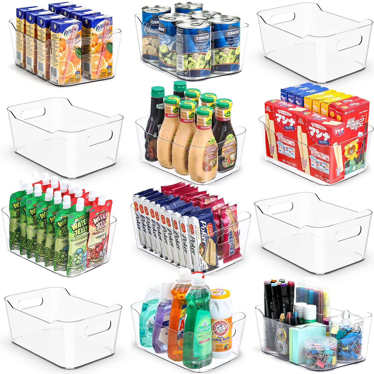 12 PACK Multi-Use Clear Storage Bins, Pantry Kitchen Cabinet Organizer Bins